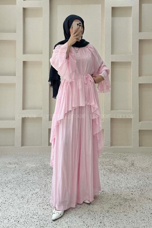Pink Crew Neck Long Arm Cotton Regular Trousers Comfortable Suit