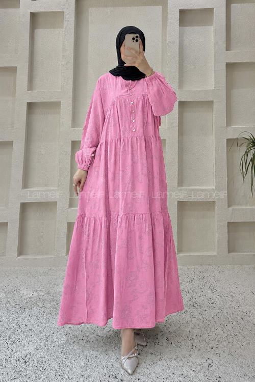 Lamelif Çiçek Desenli Gold Düğmeli Elbise Pembe