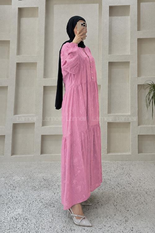 Lamelif Çiçek Desenli Gold Düğmeli Elbise Pembe