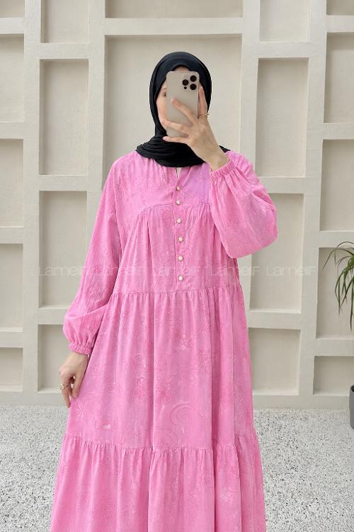 Lamelif Çiçek Desenli Gold Düğmeli Elbise Pembe