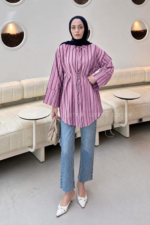 Lamelif Çizgili Bağlamalı Gömlek Pembe