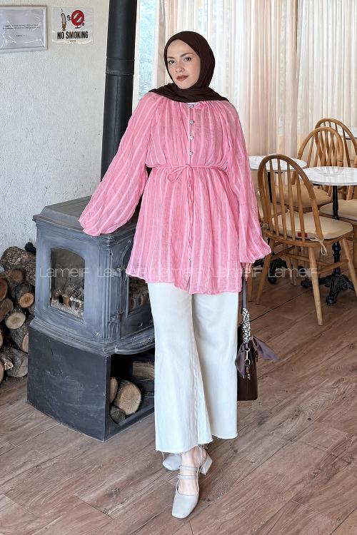 Candy Pink Crew Neck Cotton Unprinted Tunic
