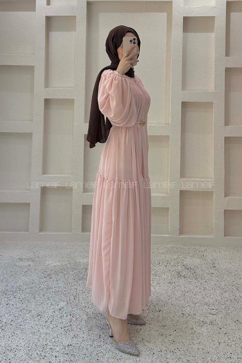 Lamelif Kat Detaylı Şifon Elbise Pembe