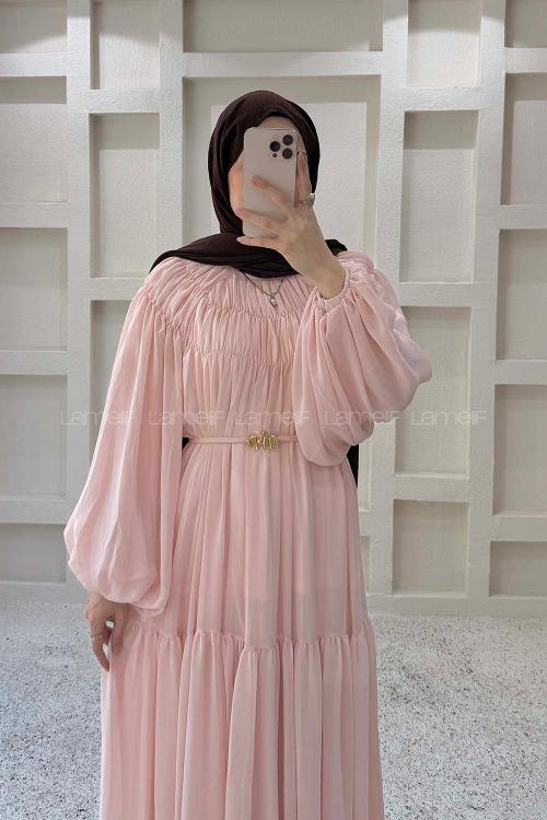 Lamelif Kat Detaylı Şifon Elbise Pembe