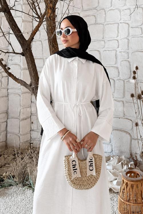 Lamelif Pat Detaylı Elbise Beyaz