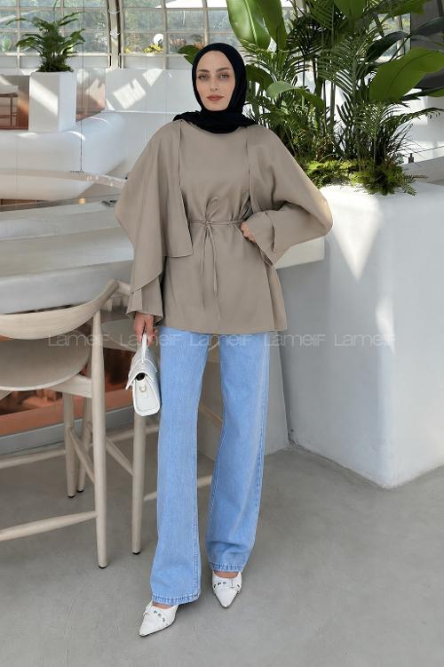 Lamelif Pelerin Detaylı Oversize Tunik Soft Kahve