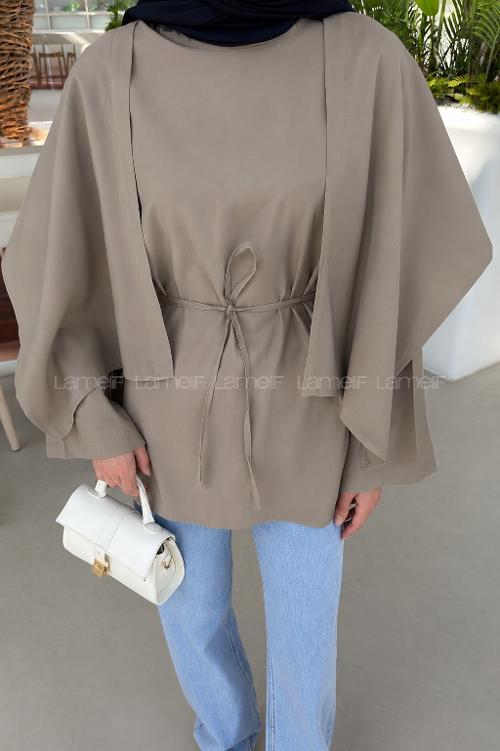 Lamelif Pelerin Detaylı Oversize Tunik Soft Kahve