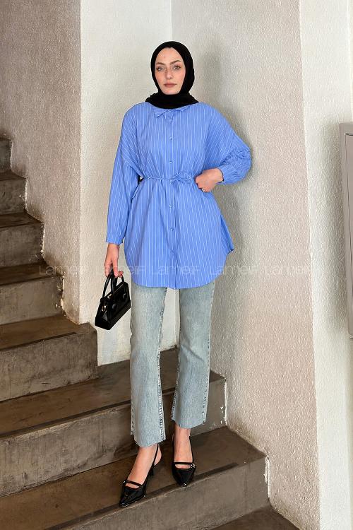 Lamelif Sırt Robalı Çizgi Detaylı Tunik Bebe Mavisi