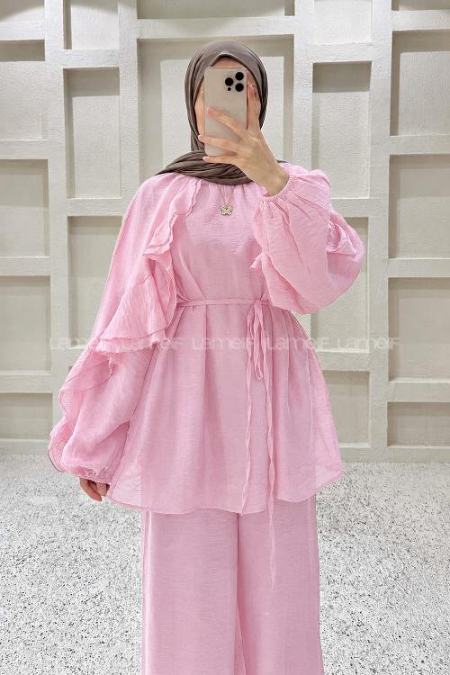 Candy Pink Crew Neck Long Arm Sandy Fabric Regular Trousers Comfortable Suit