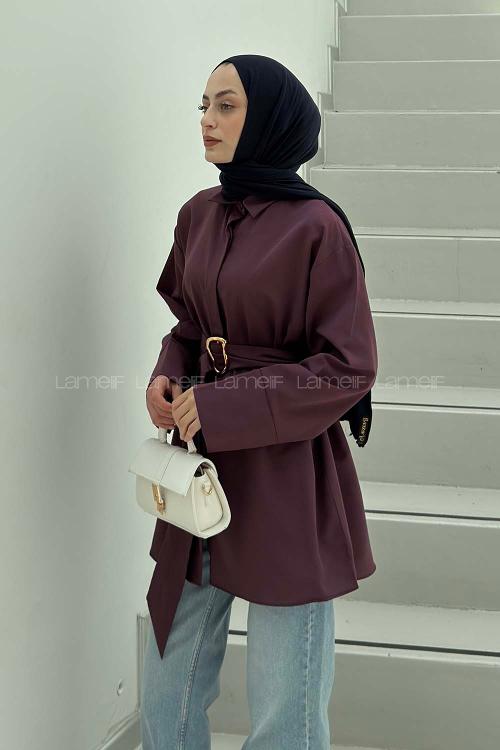 Lamelif Bağlama Detaylı Gold Tokalı Gömlek Mürdüm