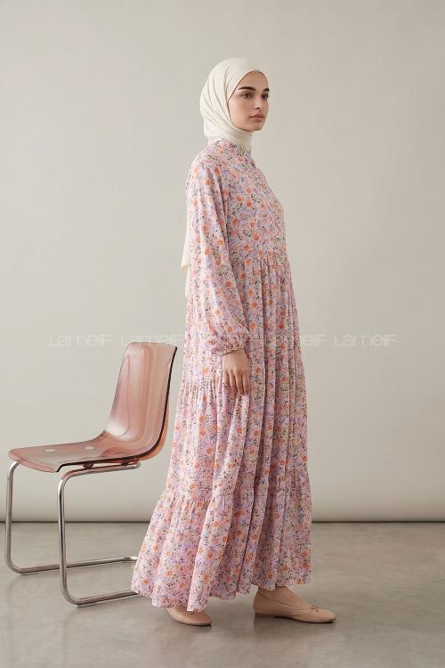 Pink Mandarin Collar Cotton Dresess