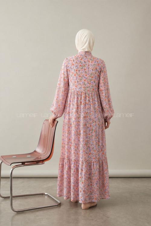 Pink Mandarin Collar Cotton Dresess