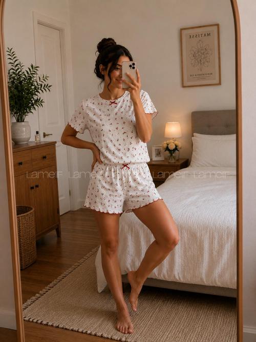 Lamelif Kadın Bisiklet Yaka  Kiraz  Desen Şortlu Pijama Takımı