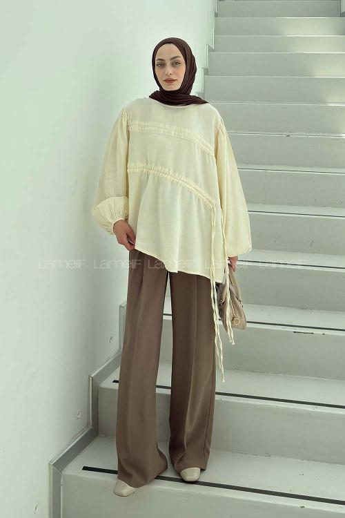 Lamelif Tünel Detaylı Keten Tunik Krem