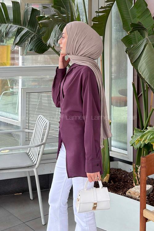 Lamelif Birit Düğme Kapama Detaylı Gömlek Mürdüm