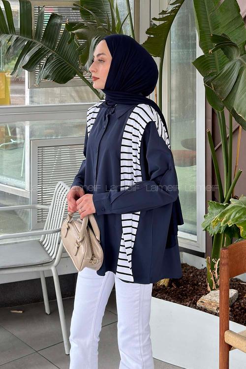 Lamelif Garnili Oversize Gömlek Lacivert