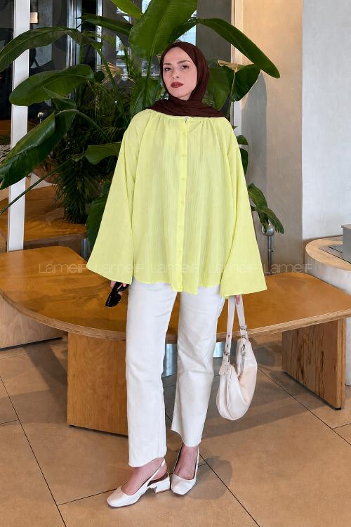 Lamelif Çizgi Detaylı Oversize Tesettür Gömlek Sarı
