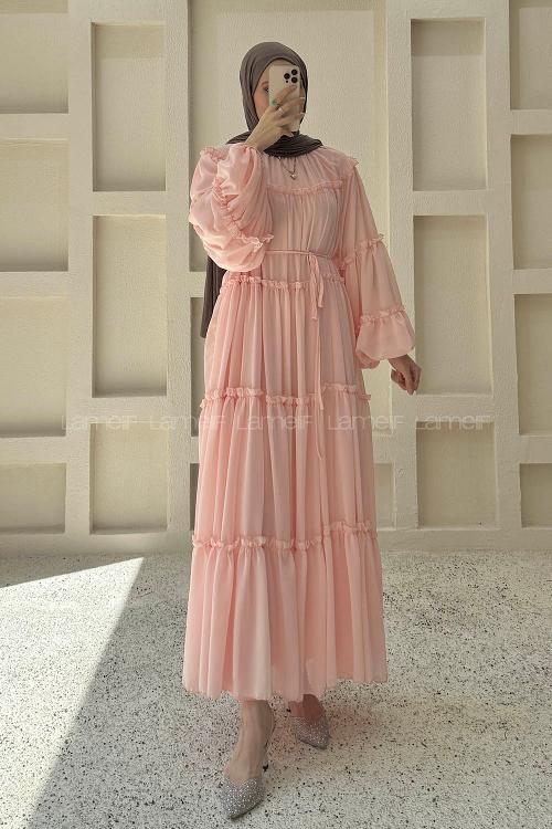 Lamelif Fırfırlı Şifon Elbise Pembe