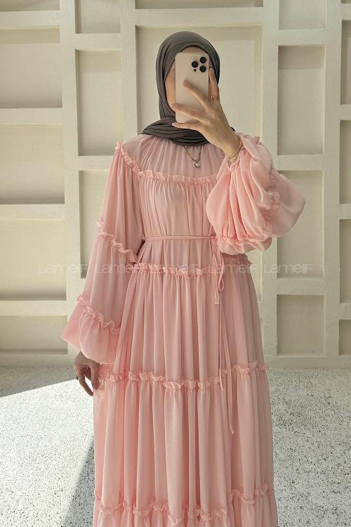 Lamelif Fırfırlı Şifon Elbise Pembe