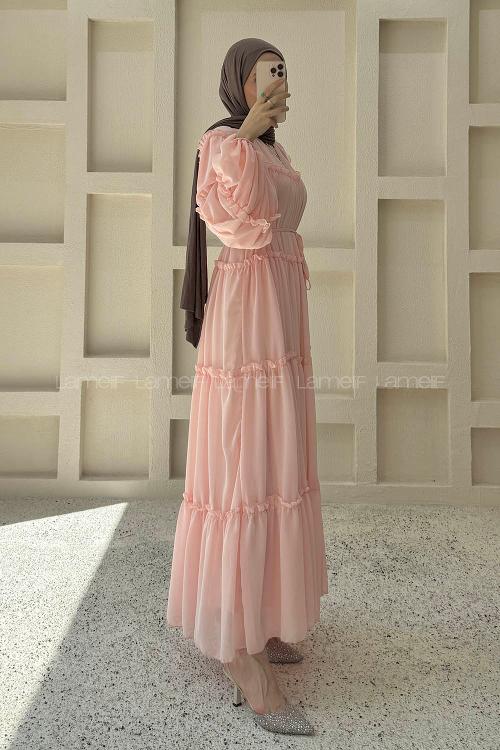 Lamelif Fırfırlı Şifon Elbise Pembe