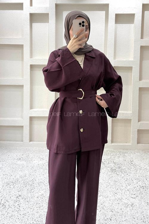 Lamelif Gold Düğmeli Kemerli Tensel Takım Mürdüm