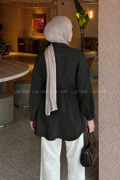 Lamelif Bağlamalı Cupra Nubuk Gömlek Siyah