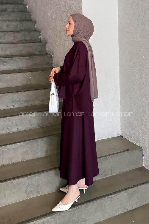 Lamelif Kristal Kloş Etekli Tesettür Takım Mürdüm