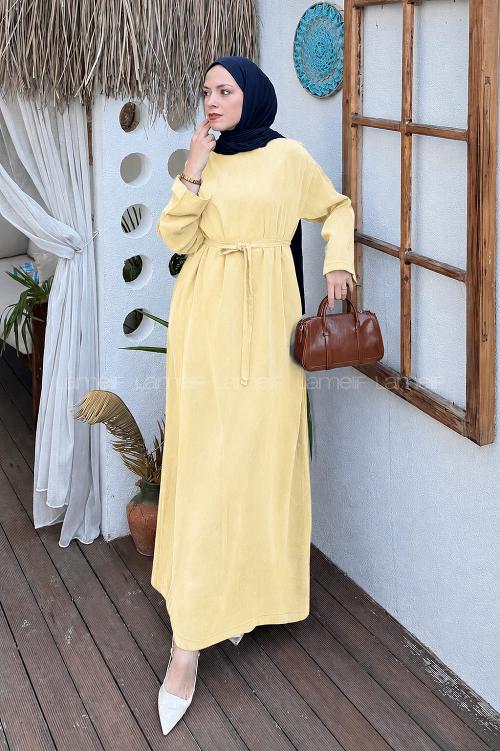 Lamelif Kuşaklı Dokuma Elbise Sarı