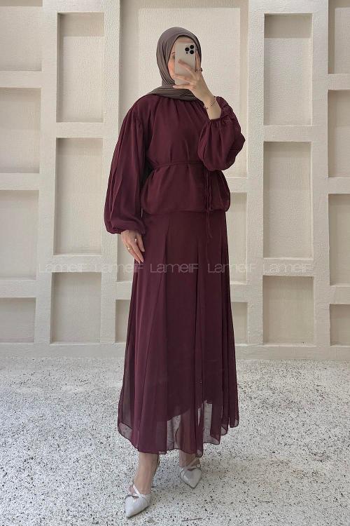 Lamelif Fularlı Bağlama Detaylı Etekli Takım Bordo