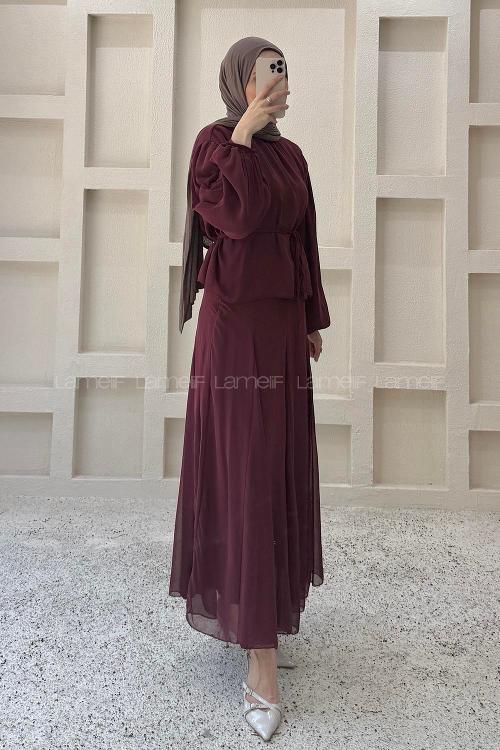 Lamelif Fularlı Bağlama Detaylı Etekli Takım Bordo