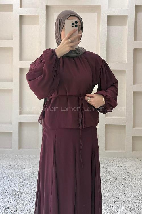 Lamelif Fularlı Bağlama Detaylı Etekli Takım Bordo