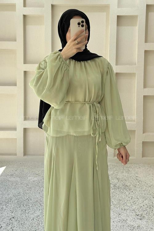 Lamelif Fularlı Bağlama Detaylı Etekli Takım Mint Yeşili