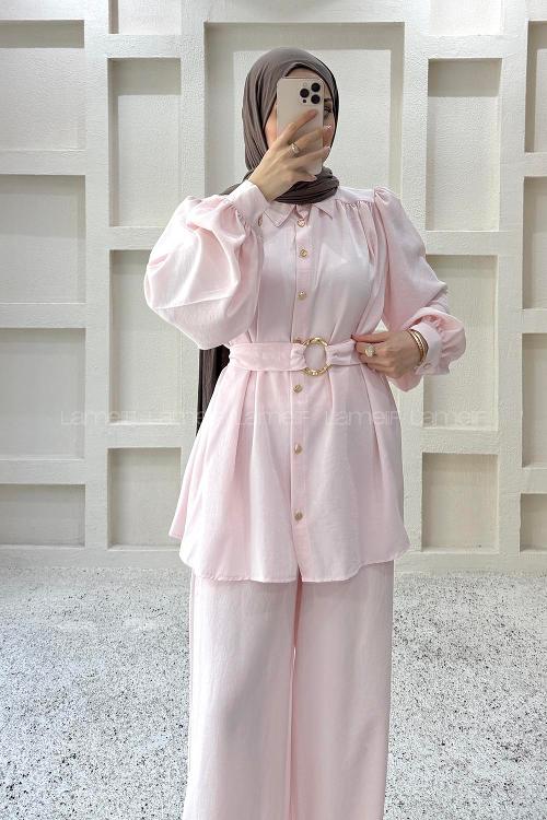 Lamelif Kemerli Büzgülü Pantolonlu Takım Pembe