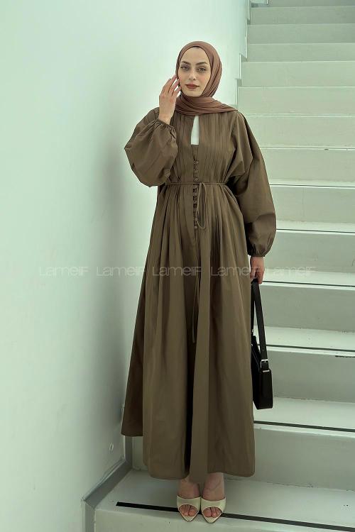Lamelif Nervürlü Vual Tesettür Elbise Soft Kahve