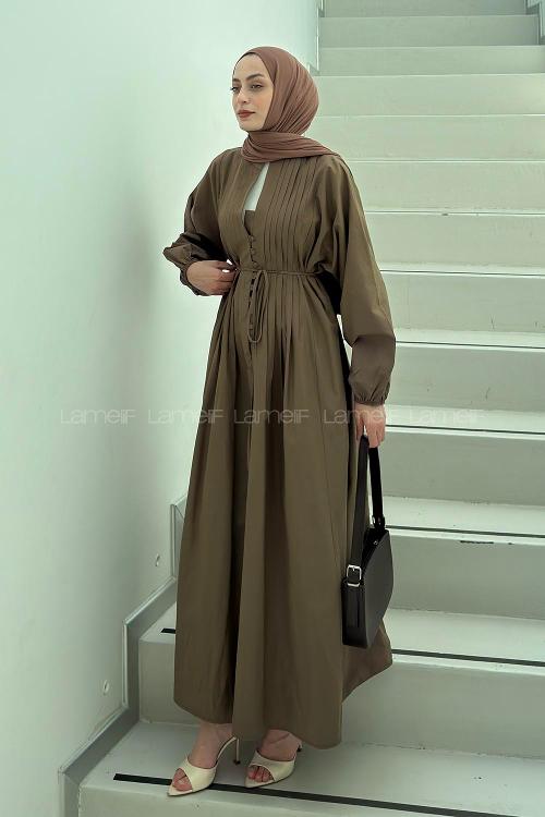 Lamelif Nervürlü Vual Tesettür Elbise Soft Kahve
