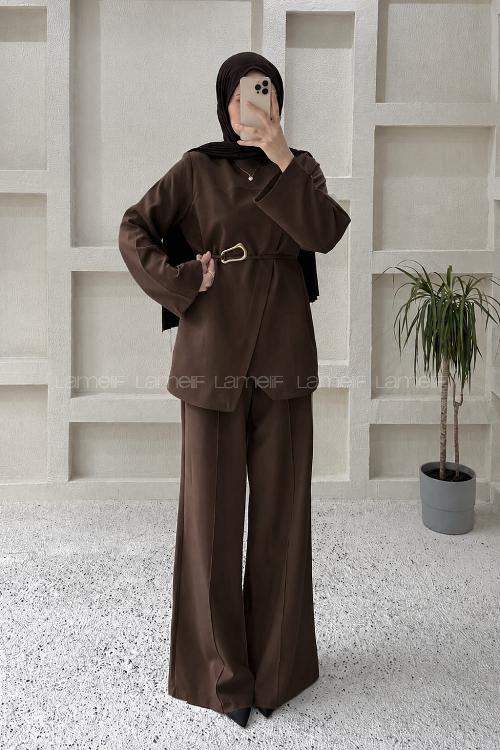 Bitter Brown Neckband Long Arm Elastan Polyester Regular Trousers Comfortable Suit