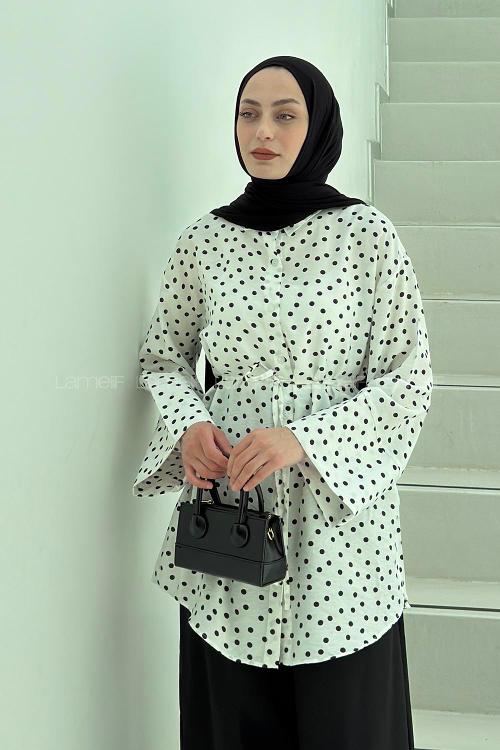 Lamelif Puantiyeli Bağlama Detaylı Gömlek Beyaz