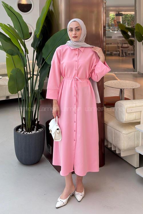 Candy Pink Shirt Collar Cotton Dresess