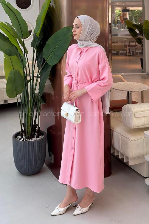 Candy Pink Shirt Collar Cotton Dresess