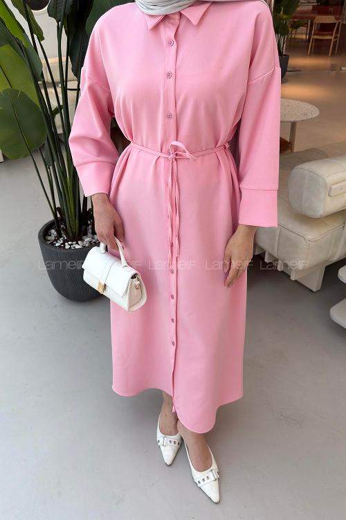 Candy Pink Shirt Collar Cotton Dresess