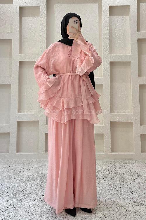 Pink Crew Neck Long Arm Cotton Flared Skirt Suit