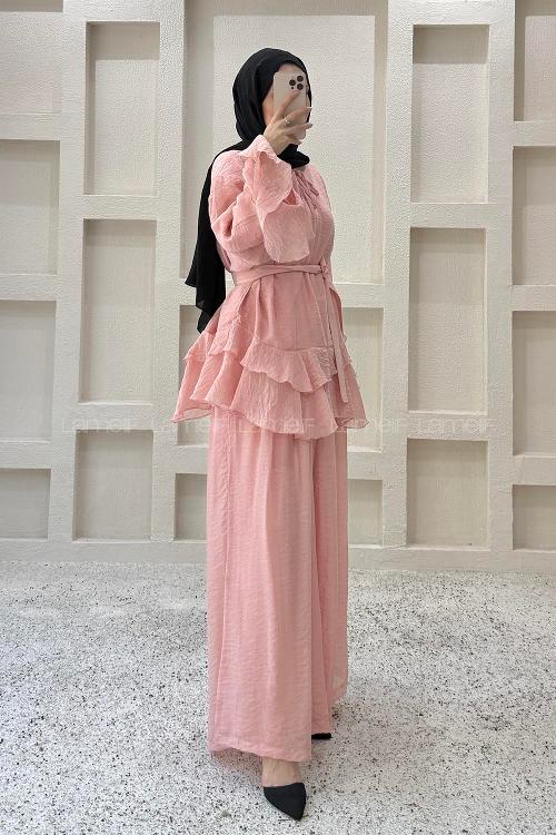 Pink Crew Neck Long Arm Cotton Flared Skirt Suit