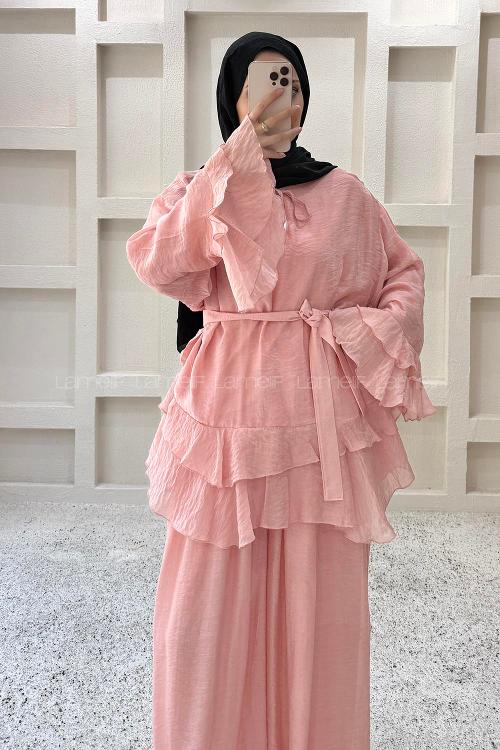 Pink Crew Neck Long Arm Cotton Flared Skirt Suit