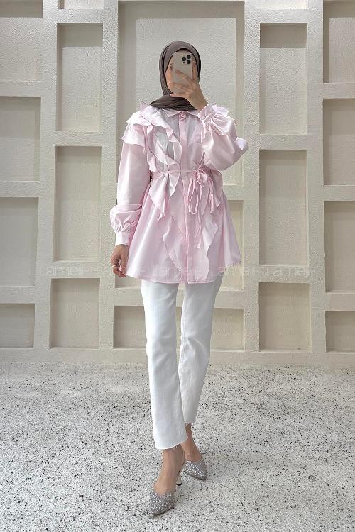 Pink Shirt Collar Long Arm Cotton Shirt
