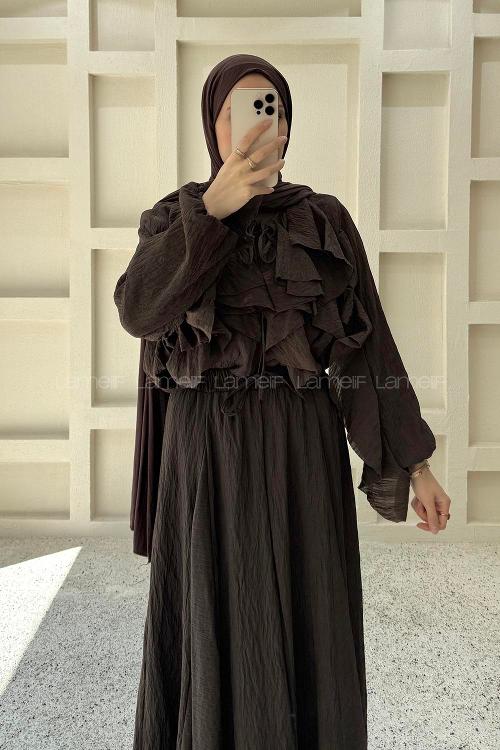 Bitter Brown Crew Neck Long Arm Ayrobin Skirt Suit