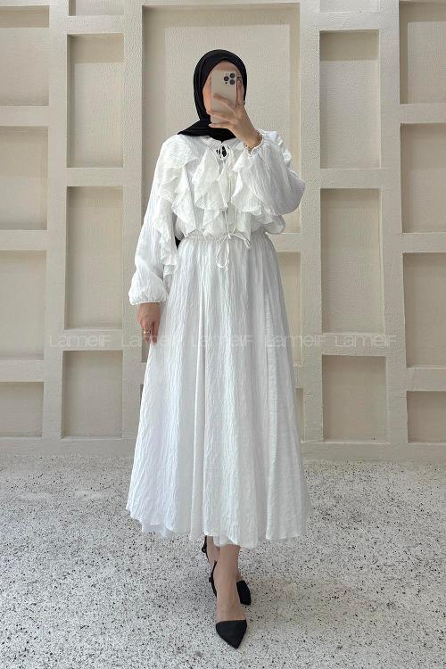 White Crew Neck Long Arm Ayrobin Skirt Suit