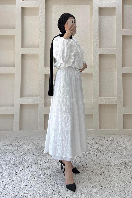 White Crew Neck Long Arm Ayrobin Skirt Suit