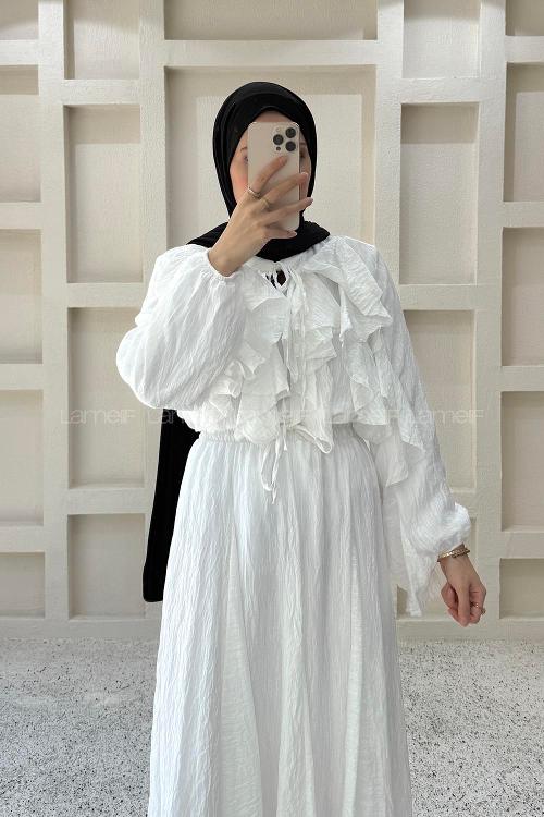 White Crew Neck Long Arm Ayrobin Skirt Suit