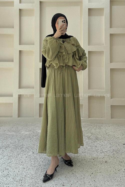 Oil Green Crew Neck Long Arm Ayrobin Skirt Suit