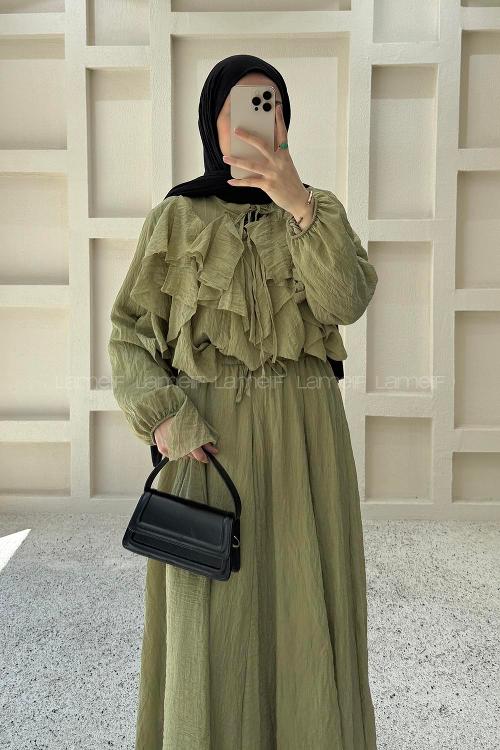 Oil Green Crew Neck Long Arm Ayrobin Skirt Suit